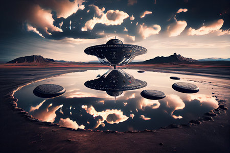 reflection of ufos taking off and landing on hardened surface of cosmodrome, created with generative aiの素材