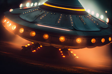 close-up of ufo, with its glowing lights and mysterious markings visible, created with generative aiの素材