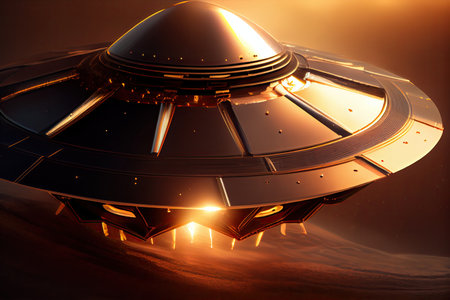 close-up of ufo, with its smooth and metallic surface reflecting the suns rays, created with generative aiの素材