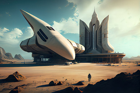 high-tech compound, with sleek spacecraft taking off in the background, created with generative aiの素材