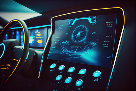 close-up of self-driving car interior, with touch screen and voice control, created with generative aiの素材