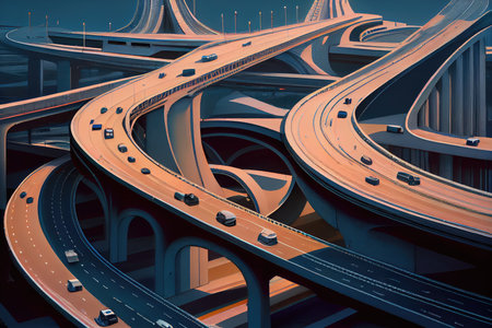 network of flyovers, highways and tunnels for autonomous transport in metropolitan area, created with generative aiの素材