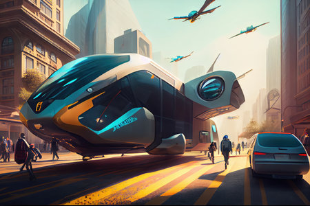 autonomous mobility system transporting passengers through busy and bustling urban center, created with generative aiの素材