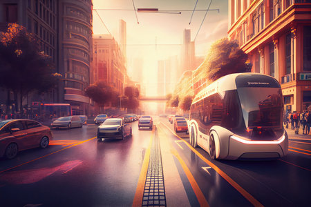 autonomous vehicle drives past bustling city street, with people and traffic in the foreground, created with generative aiの素材