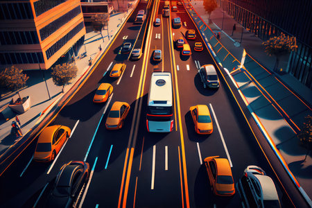 autonomous vehicle weaving in and out of traffic on busy city street, created with generative aiの素材