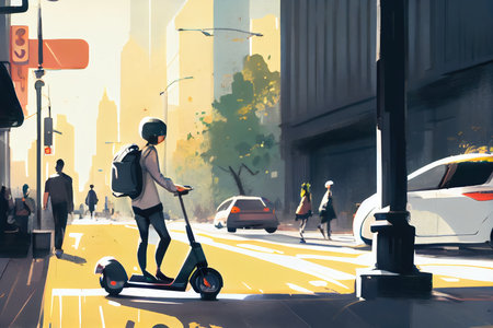 person, riding shared self-driving scooter, passing bustling city street, created with generative aiの素材