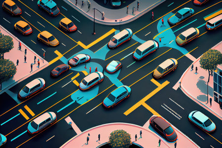 a swarm of self-driving cars, navigating a busy city street, created with generative aiの素材