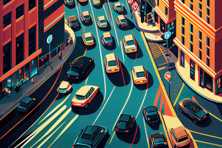 a swarm of self-driving cars, navigating a busy city street, created with generative aiの素材