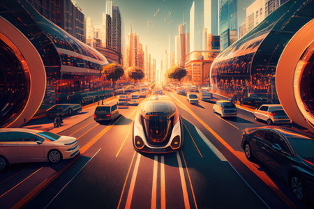 autonomous vehicle navigating a busy city street at rush hour, created with generative aiの素材