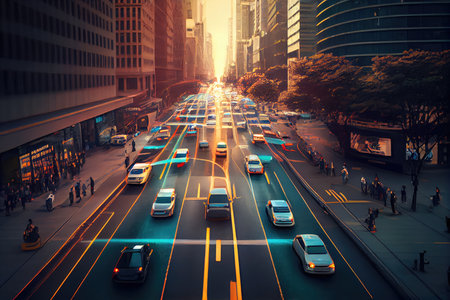 autonomous vehicle navigating a busy city street at rush hour, created with generative aiの素材