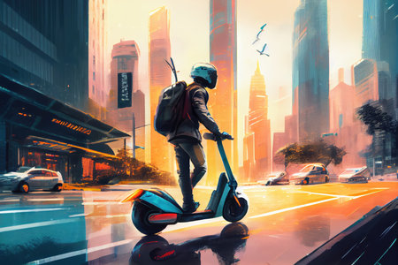 person riding scooter through busy streets, with view of modern skyscrapers in the background, created with generative aiの素材