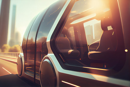 close-up of autonomous vehicle, with sunlight shining through the windows, created with generative aiの素材