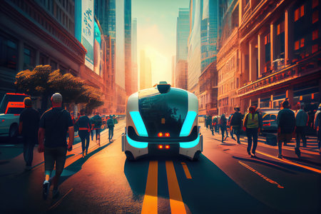 autonomous vehicle, cruising down busy city street, with people and traffic in the background, created with generative aiの素材