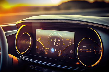close-up of a self-driving minivans dashboard, with navigation system and speedometer visible, created with generative aiの素材