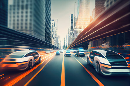 rally of self-driving cars in the heart of the city, with their passengers are speeding past, created with generative aiの素材