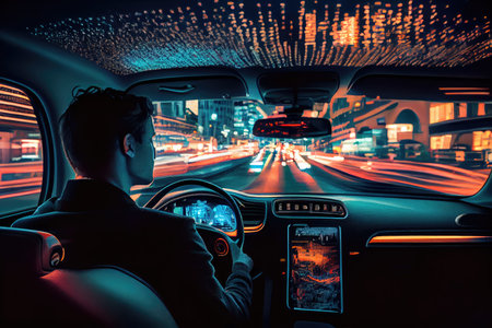 person, traveling through the busy and bustling city, in a self-driving car, created with generative aiの素材