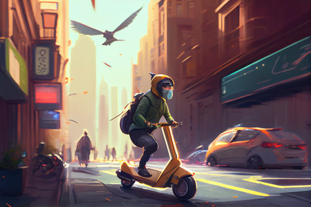 person riding autonomous scooter, weaving through busy city street, created with generative aiの素材