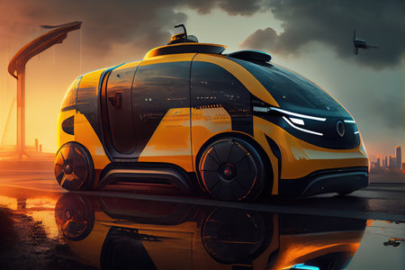autonomous taxi drops off passenger and drives away, created with generative aiの素材
