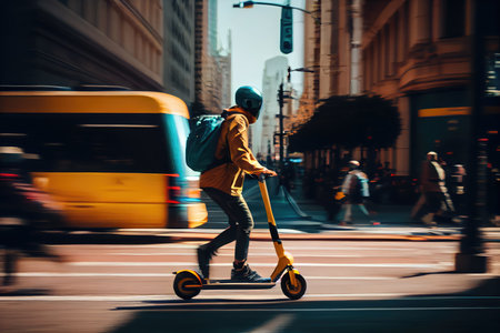 person, riding electric scooter through busy city streets, created with generative aiの素材