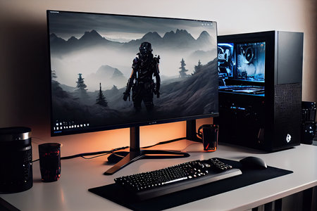 a minimalist gaming setup with a sleek, black computer and monitor, created with generative aiの素材