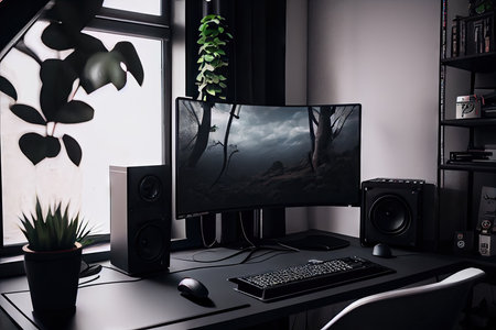 a minimalist gaming setup with a sleek, black computer and monitor, created with generative aiの素材