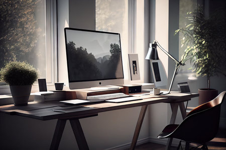 a stylish and modern desk with a sleek computer, minimalist accessories, and natural lighting, created with generative aiの素材