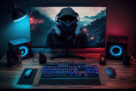 gaming desk with computer and accessories, including keyboard, mouse, and gaming headset, created with generative aiの素材