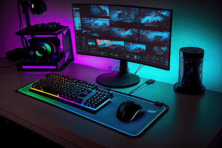 video gaming desk with sleek black computer, colorful mouse pad, and neon keyboard, created with generative aiの素材