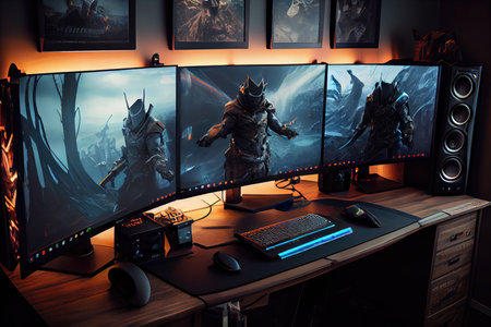 high-tech gaming setup with state-of-the-art computer, multiple monitors, and high definition graphics, created with generative aiの素材