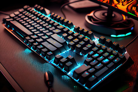 close-up of keyboard and mouse in video gaming setup, created with generative aiの素材