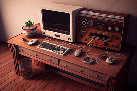 gaming desk with retro computer and gaming controller for a nostalgic feel, created with generative aiの素材