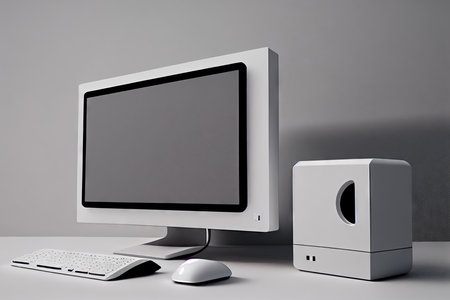 a minimalist design with a sleek computer, monitor, and keyboard, created with generative aiの素材