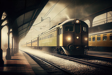 trains departing and arriving at the station, transporting passengers to their destinations, created with generative aiの素材