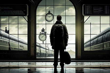 person, waiting for train to depart, with view of the station in the background, created with generative aiの素材