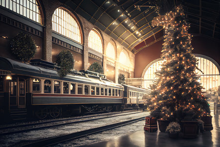 celebrations of the holidays in vintage train station with decorated trees and lights, created with generative aiの素材