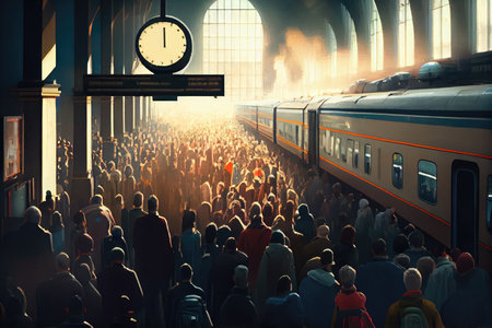 crowded train station during rush hour, with passengers rushing to catch their trains, created with generative aiの素材