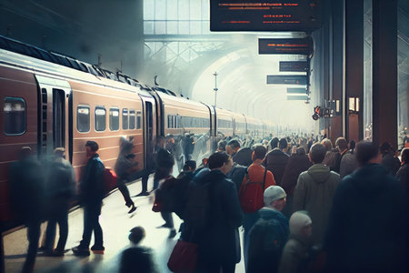crowded train station during rush hour, with passengers rushing to catch their trains, created with generative aiの素材