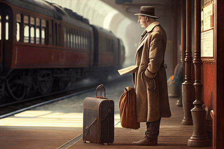 traveler, with suitcase in hand and ticket ready, waiting for train to arrive at vintage station, created with generative aiの素材