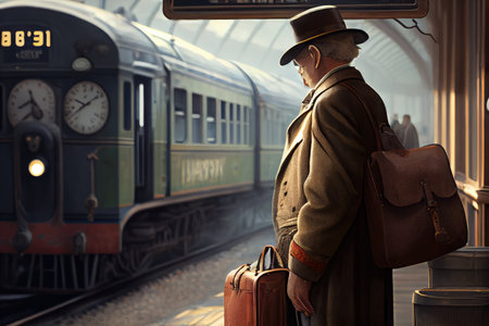 traveler, with suitcase in hand and ticket ready, waiting for train to arrive at vintage station, created with generative aiの素材