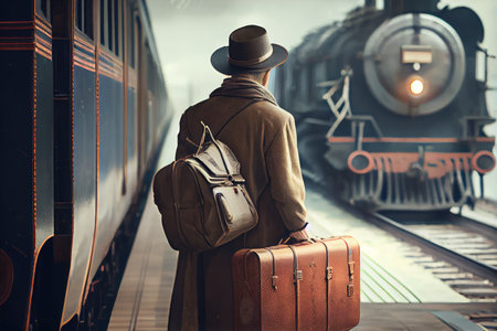 traveler, with suitcase in hand and ticket ready, waiting for train to arrive at vintage station, created with generative aiの素材