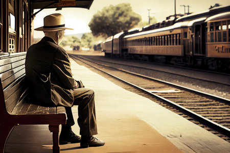person, sitting on bench, watching vintage train depart station, created with generative aiの素材