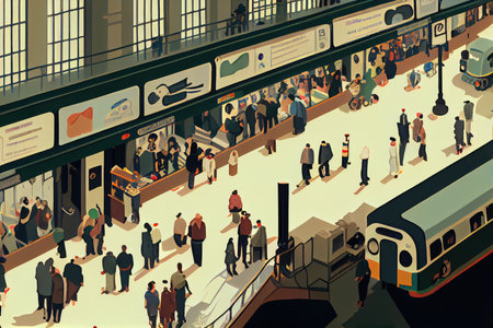 slice of life, with busy station bustling with passengers and activity, created with generative aiの素材
