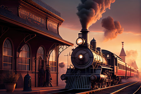 vintage train station, with steam locomotive pulling out of the station and into the sunset, created with generative aiの素材