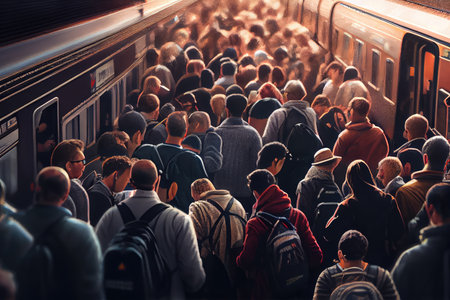 crowded train station, with people rushing to get on the last available train, created with generative aiの素材