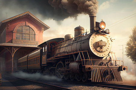 classic steam engine pulling a passenger train into the station, created with generative aiの素材