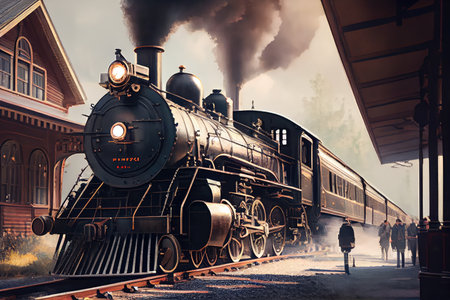 classic steam engine pulling a passenger train into the station, created with generative aiの素材