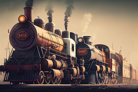 trains of different times, sizes, and styles waiting to depart, created with generative aiの素材