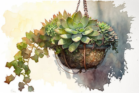 watercolor succulent plant in hanging basket, surrounded by natural light, created with generative aiの素材