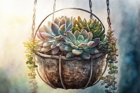 watercolor succulent plant in hanging basket, surrounded by natural light, created with generative aiの素材