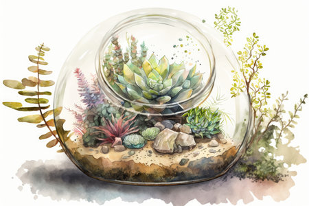 mini succulent terrarium with natural elements and watercolor details, created with generative aiの素材